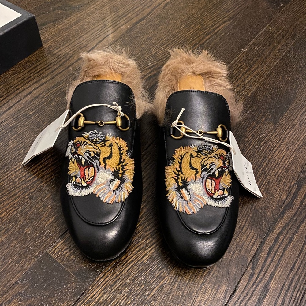 GUCCI Princetown Tiger Fur Horsebit Mule